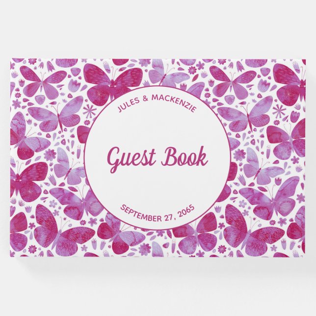 Libro De Visitas Mariposas modernas acuarela Magenta rosa (Anverso)