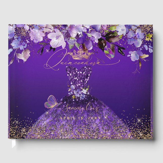 Libro De Visitas Mariposas PixDezines Quinceanera, morado oscuro (Anverso)