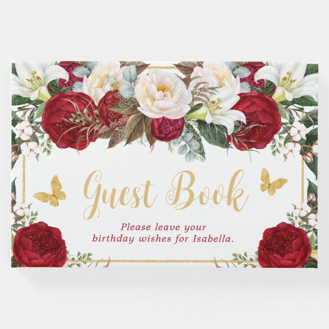 Libro De Visitas Mariposas Red Floral Gold Foto Quinceañera (Anverso)