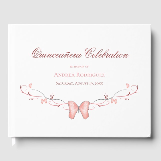 Libro De Visitas Mariposas rosadas y Swirls Quinceañera (Anverso)