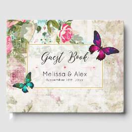 Libro De Visitas Mariposas rosas y verdes en Rosas de Shabby Vintag