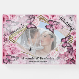 Libro De Visitas Mariposas y flores en tonos variados de rosados