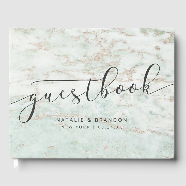 Libro De Visitas Mármoles modernos en la menta con Boda de oro Rosa (Anverso)