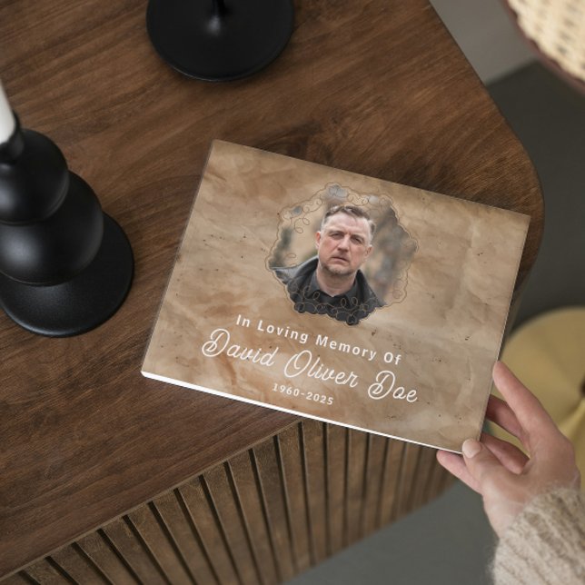 Libro De Visitas Marrón Rústico Texto Personalizado Foto Funeral Me (rustic guest books in loving memory funeral memorial remembrance keepsake celebration of life photo)