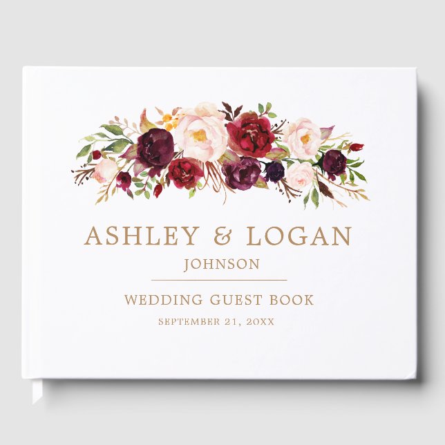 Libro De Visitas Marsala Burgundy Floral Autumn Boda Guest Book (Anverso)