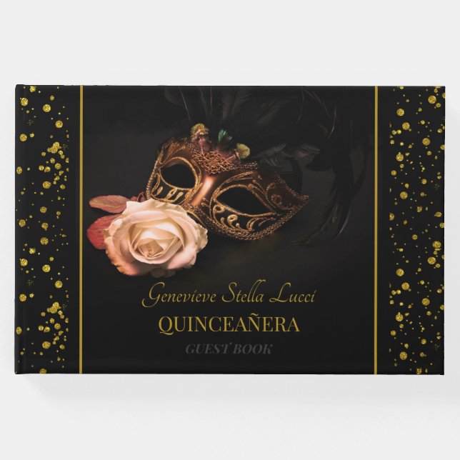 Libro De Visitas Mascarada elegante y rosa blanco (Anverso)