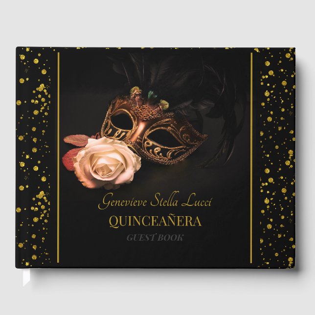 Libro De Visitas Mascarada elegante y rosa blanco (Anverso)