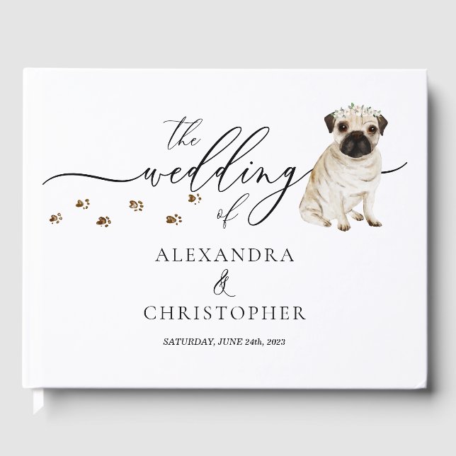 Libro De Visitas Mascota cachorro Pug Caligrafía de boda (Anverso)