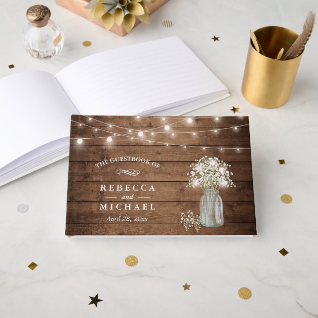 Libro De Visitas Mason Jar Rustic Wood Lights Boda (Anverso Abierto)
