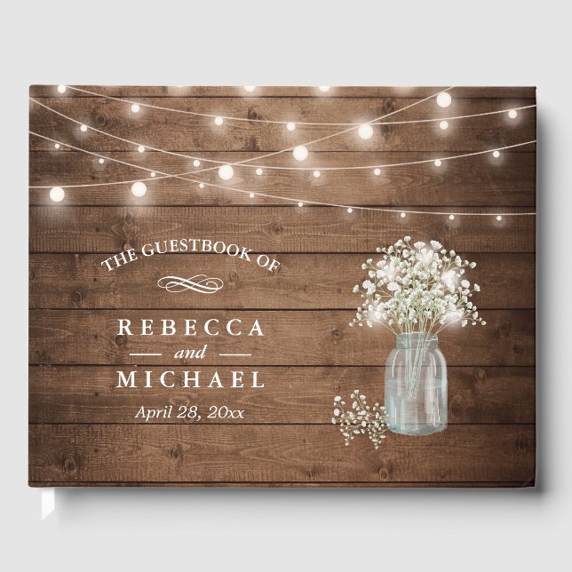 Libro De Visitas Mason Jar Rustic Wood Lights Boda (Anverso)