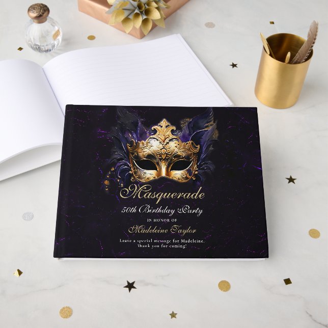 Libro De Visitas Masquerade Mask Gold Purple Dramatic 50th Birthday (Anverso Abierto)