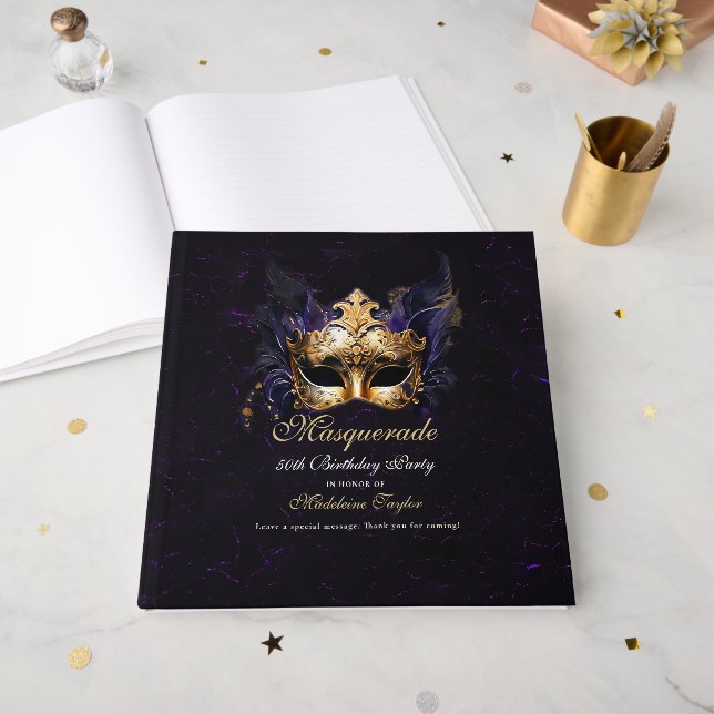 Libro De Visitas Masquerade Mask Gold Purple Dramatic 50th Birthday (Anverso Abierto)