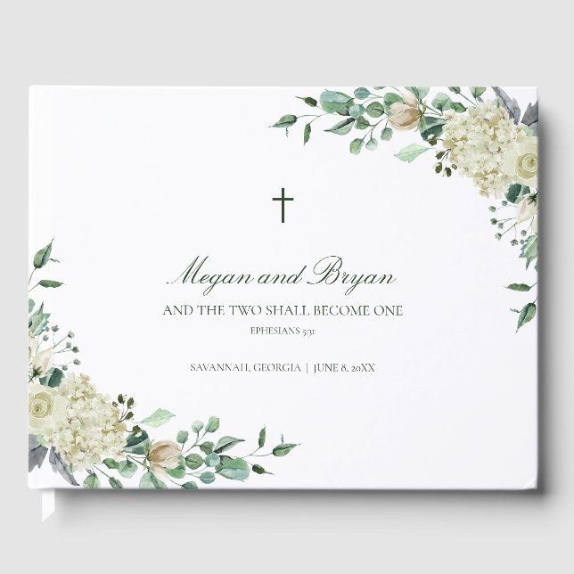 Libro De Visitas Megan White Floral & Greeneration Boda Católica (Anverso)