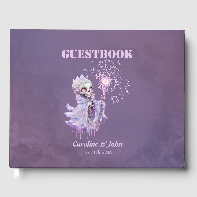 Libro De Visitas Melodías mágicas del lindo esqueleto morado. (Anverso)