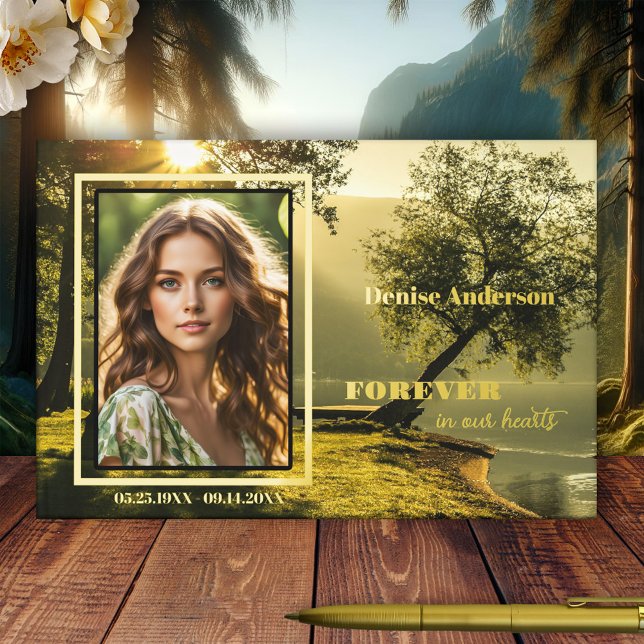 Libro De Visitas Memorial Funeral Naturaleza Foto Relieve metalizad (Memorial guest book featuring a custom photo framed by real gold foil on a green nature and trees)