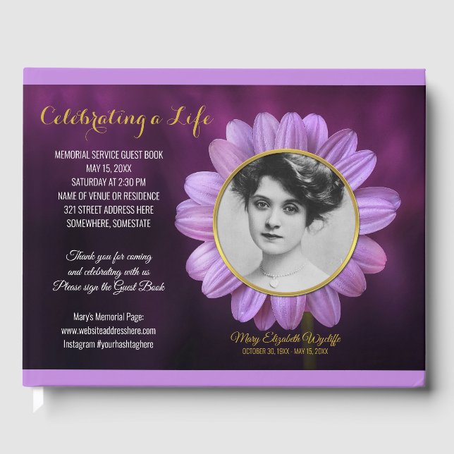 Libro De Visitas Memorial Service Purple Daisy Gold Photo Frame (Anverso)