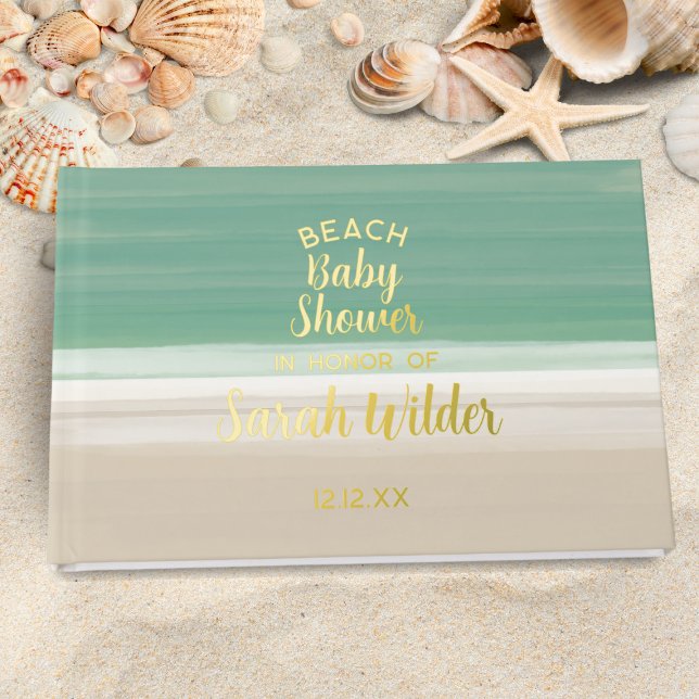 Libro De Visitas Mensaje de agradecimiento a Modern Ocean Beach Bab (Add your details and a short message to this modern Ocean Beach Baby Shower real foil guest book)