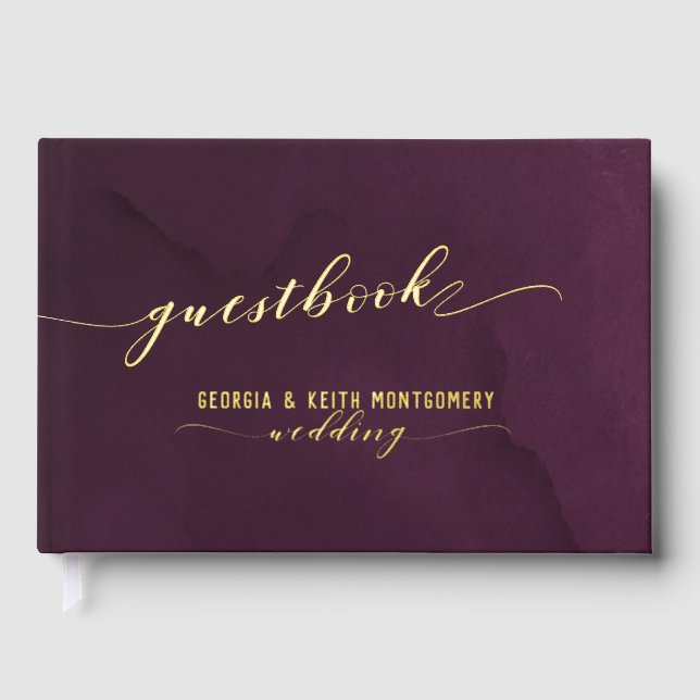Libro De Visitas Merlot Watercolor Gold Script Elegante Wedding (Anverso)