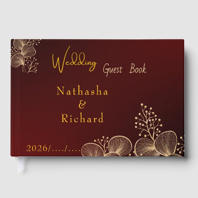 Libro De Visitas Midnight Burgundy & Gold Floral Wedding  (Anverso)