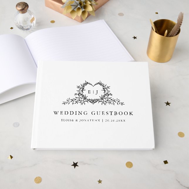 Libro De Visitas Minimalist Monogram Calligraphy Crest Wedding (Anverso Abierto)