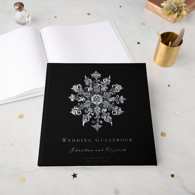 Libro De Visitas Minimalist Snowflake Wedding | Black (Anverso Abierto)