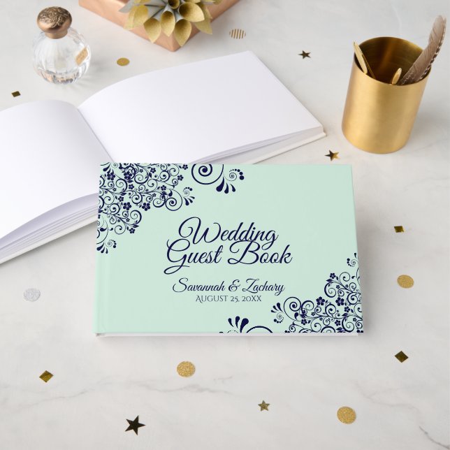 Libro De Visitas Mint Green & Navy Blue Lace Elegant Wedding (Anverso Abierto)