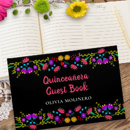 Libro De Visitas Mis Quince Anos Negro Floral Mexicana Quinceanera