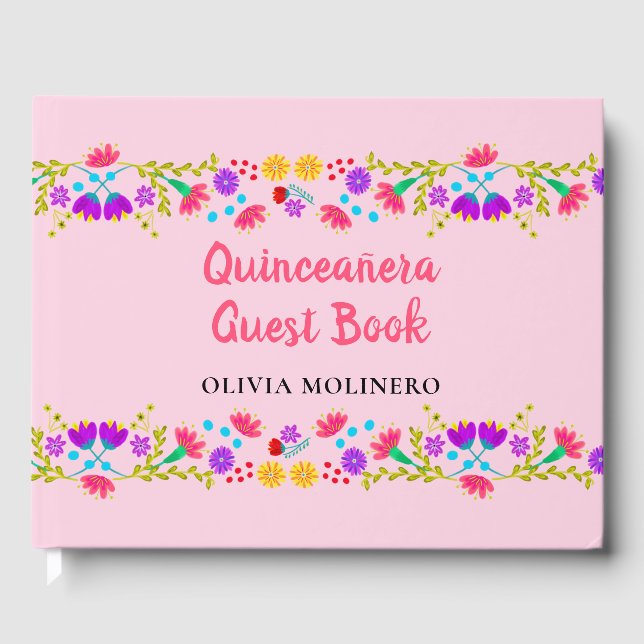 Libro De Visitas Mis Quince Anos Pink Floral Mexicano Quinceanera (Anverso)
