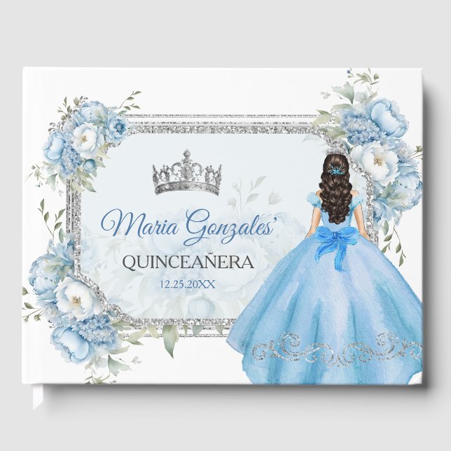 Libro De Visitas Mis Quince Blue Floral Silver Crown Quinceañera (Anverso)