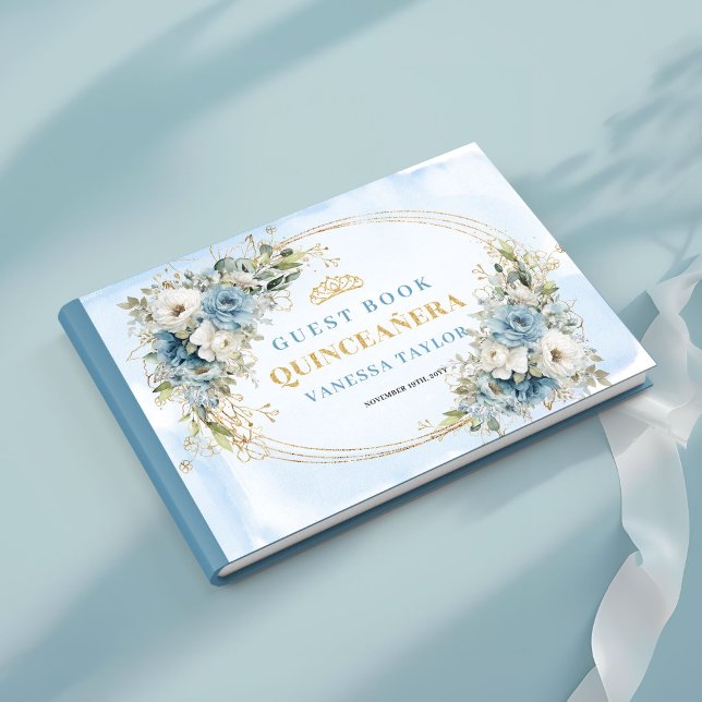 Libro de visitas Mis Quince Boho con vegetación az (Mis Quince Boho Guest Book with Blue Gold Greenery)