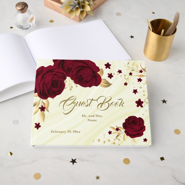 Libro De Visitas moda burdeos floral hojas de oro mármol (Anverso Abierto)