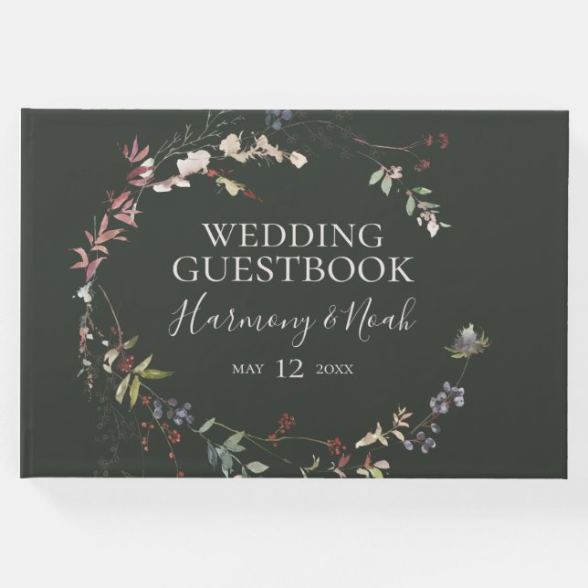Libro De Visitas Moda de vacaciones Botánica | Boda verde oscuro (Anverso)