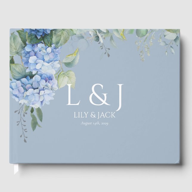 Libro De Visitas Moda Dusty Blue Floral Hydrangea Boda Guestbook (Anverso)