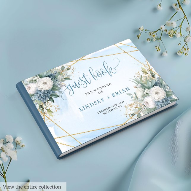 Libro De Visitas Moda Dusty Blue White Gold Floral Guest Book (Chic Dusty Blue White Gold Floral Guest Book)