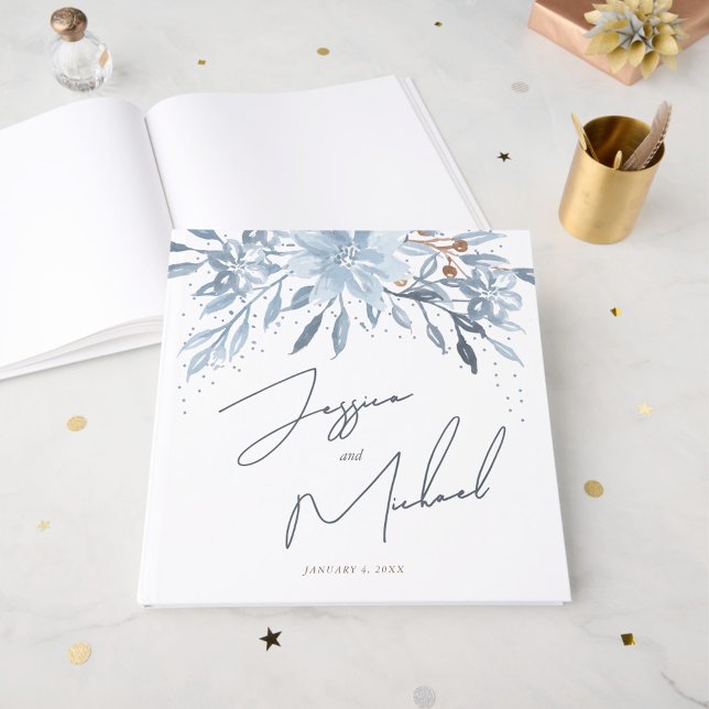 Libro De Visitas Moda Floral Azul Dusty  Azul guión Boda del tema i (Subido por el creador)
