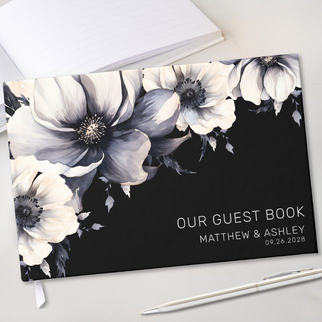 Libro De Visitas Moda Floral moderna Boda blanco negro (Chic Modern Floral Black White Wedding Guest Book)