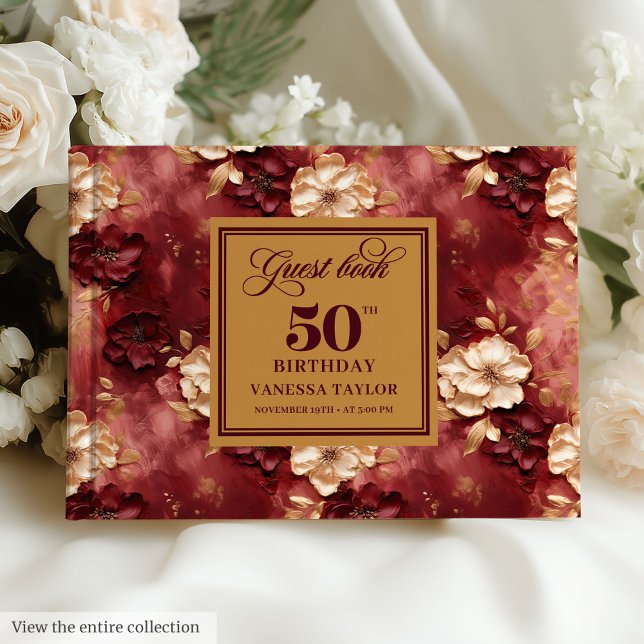 Libro De Visitas Moda Marsala Rubor Gold Flowers 50 cumpleaños (Chic Marsala Blush Gold Flowers 50th Birthday Guest Book )