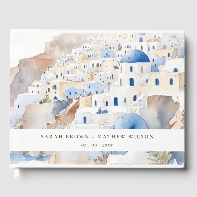 Libro De Visitas Moda mínima Santorini Grecia Boda acuarela (Anverso)
