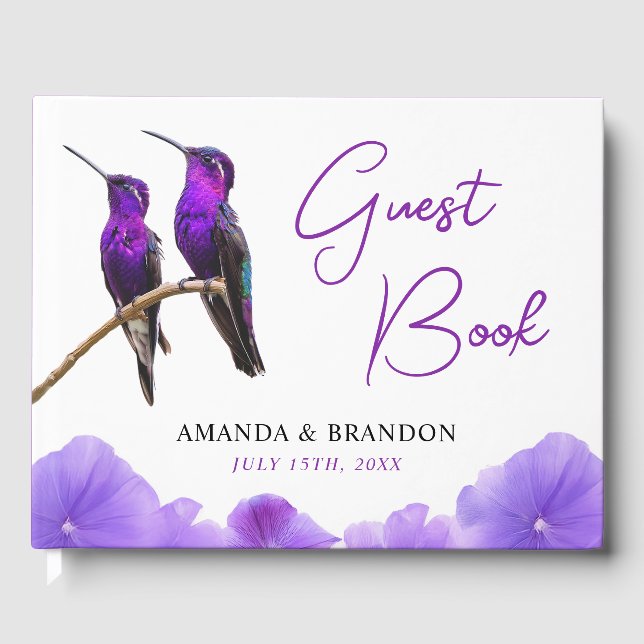 Libro De Visitas Moda Morado Hummingbirds y Petales Boda (Anverso)