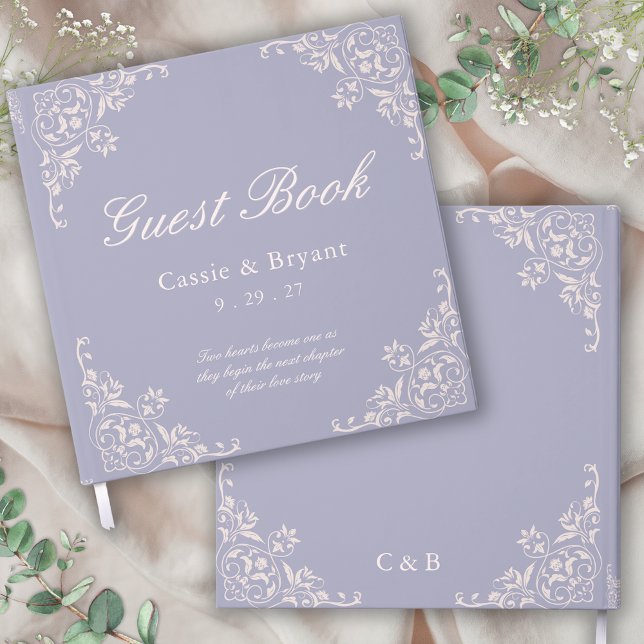 Libro De Visitas Moda Purple French Lilac Boda Guest Book (chic lavender purple and blush pink wedding event guest book with bride groom names monogram date)