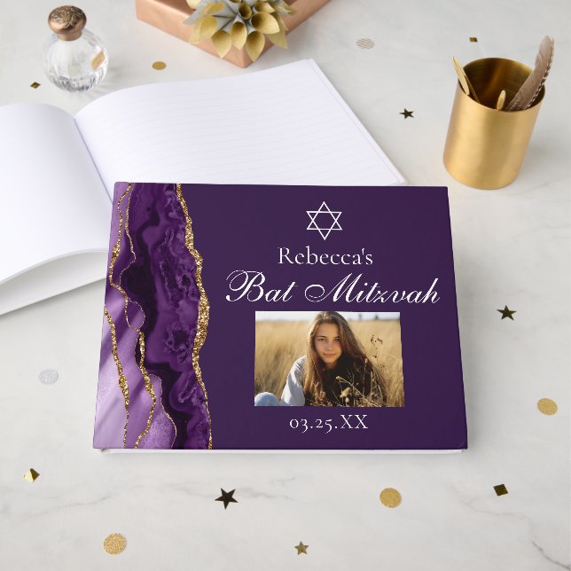 Libro De Visitas Moda Purple Gold Fiesta Mitzvah Personalizado de f (Anverso Abierto)