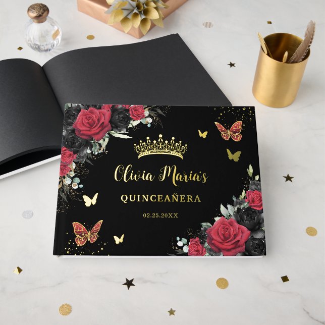 Libro De Visitas Moda Red Black Floral Butterflies Quinceanera Gold (Anverso Abierto)