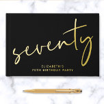 Libro De Visitas Moda Script Black 70th Birthday Party<br><div class="desc">Elegante libro de visitas negro para su fiesta de cumpleaños 70 con un verdadero Relieve metalizado de oro, "setenta" en un gran guión de moda y su nombre en la tipografía moderna. Personalice el título en la columna vertebral y cambie el color del Relieve metalizado a oro plateado o rosa...</div>