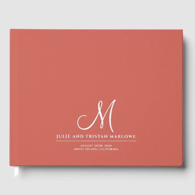 Libro De Visitas Moda Script Boda inicial Monograma Naranja de óxid (Anverso)