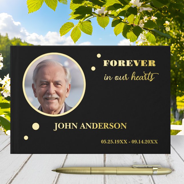 Libro De Visitas Moda simple Foto Funeral Relieve metalizado Real (Minimalist black memorial service guest book featuring a custom photo on a real gold foil circle)