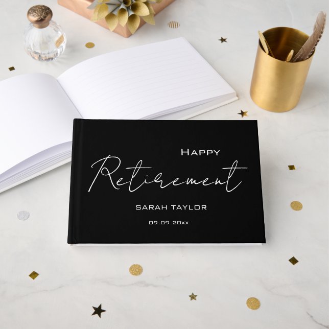 Libro De Visitas Modern Black White Happy Retirement Personalized  (Anverso Abierto)