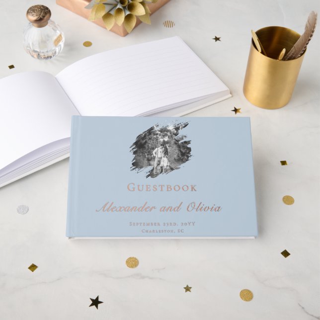 Libro De Visitas Modern Brushstroke Photo Wedding | Blue (Anverso Abierto)