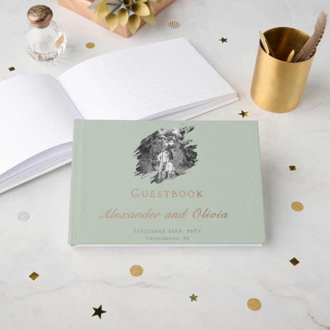 Libro De Visitas Modern Brushstroke Photo Wedding | Sage Green (Anverso Abierto)