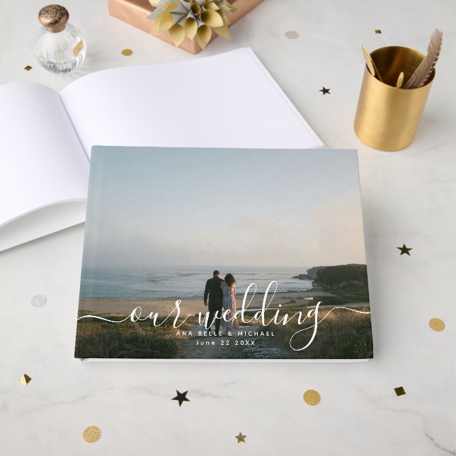 Libro De Visitas Modern Elegant Chic Handwritten Photo Wedding Gues (Anverso Abierto)