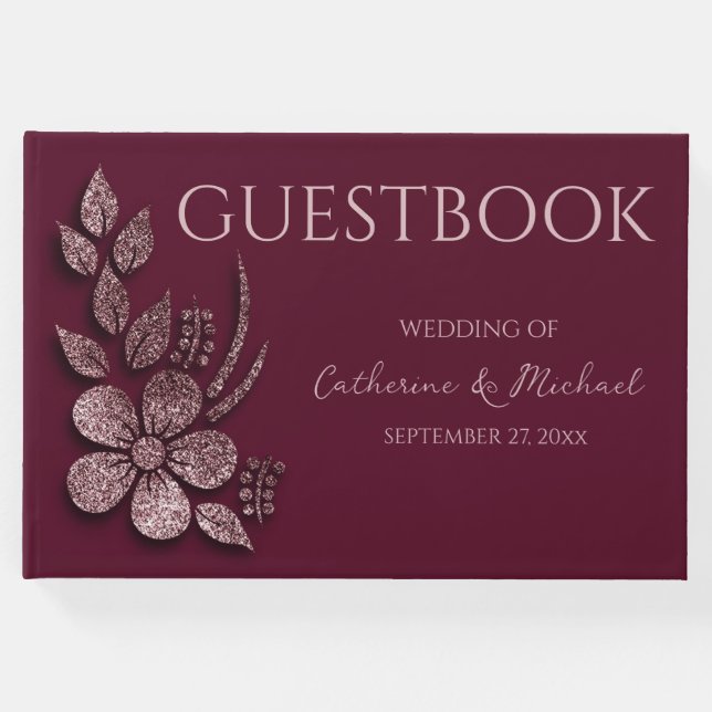 Libro De Visitas Modern Elegant Rose Gold Glitter Floral & Burgundy (Anverso)